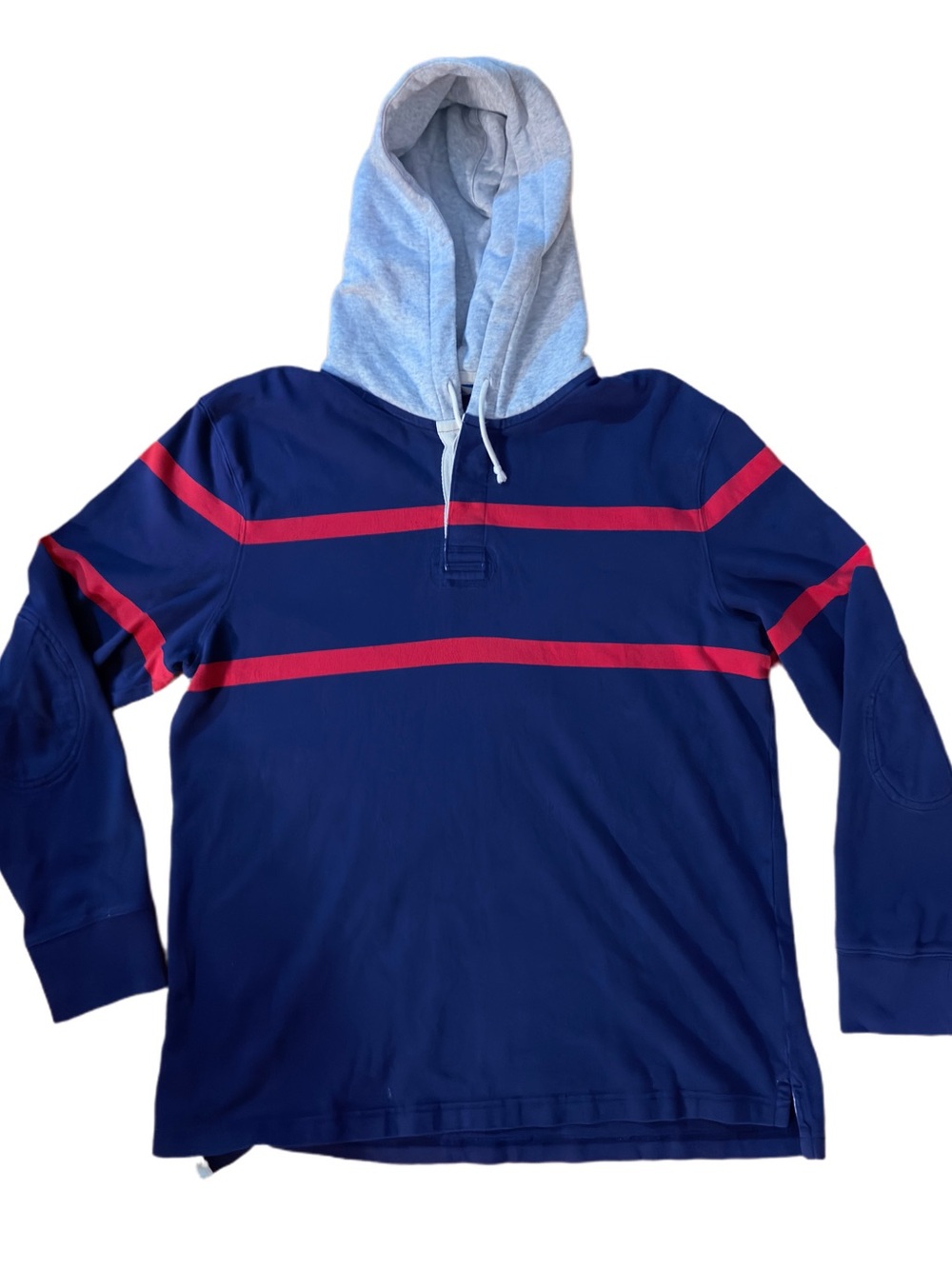 J. Crew Navy Crewneck Sweater with Red Stripes and Light Blue Hood Size L